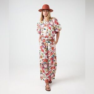 NEW LANHTROPY culotte linen pants in Full Bloom Print Small NWT wide leg